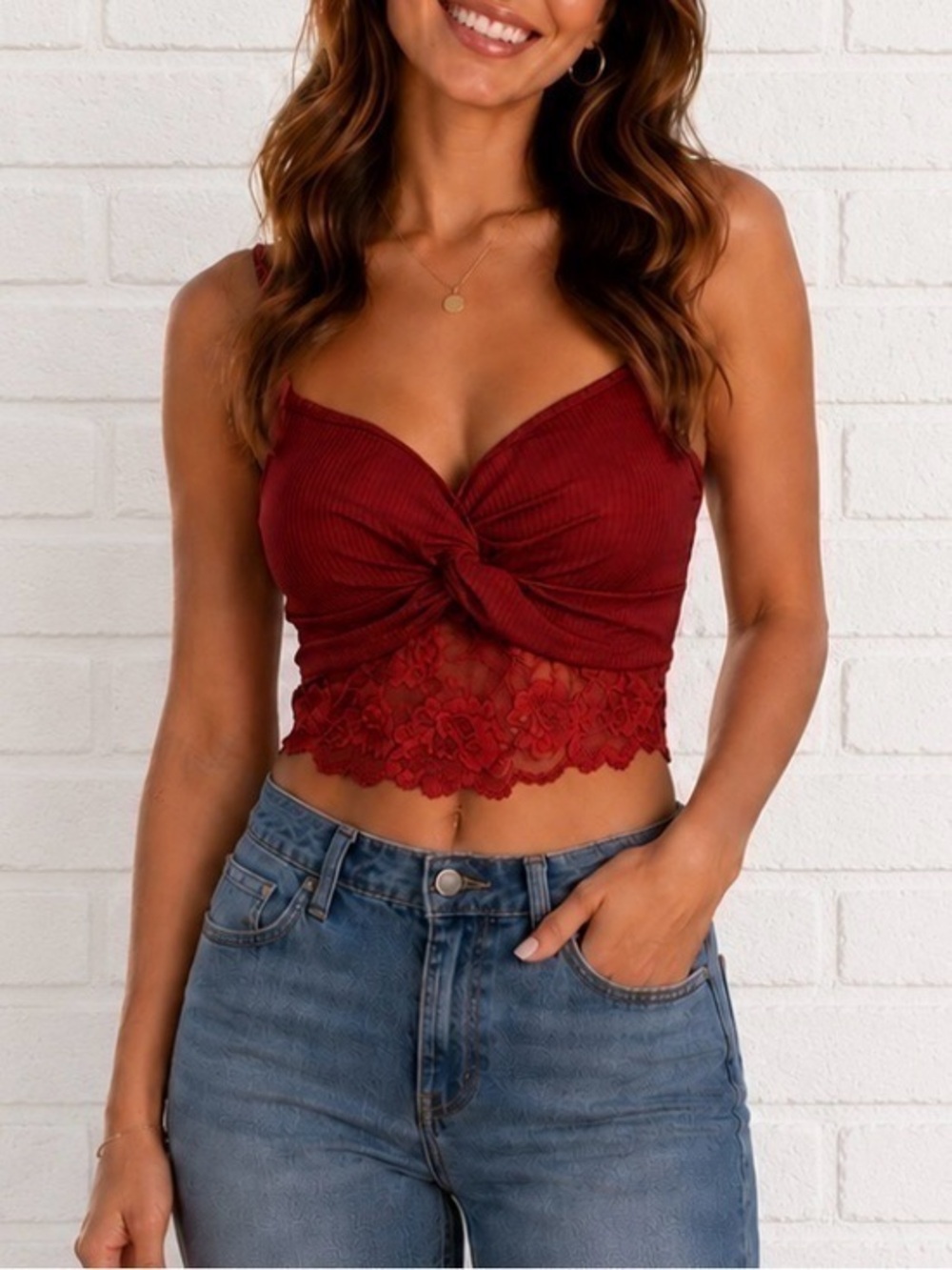 New SHEIN Cropped Tank Top Twisted Front Lace Accent Size Small Bust 26” - 30”